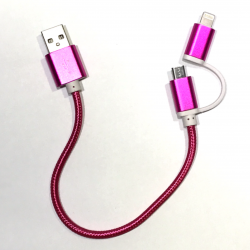 2 in 1 USB Ladekabel zu Micro-USB und Apple Lightning 25 cm in Pink