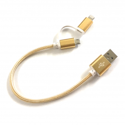 2 in 1 USB Ladekabel zu Micro-USB und Apple Lightning 25 cm in Gold