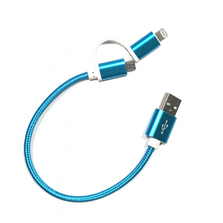 2 in 1 USB Ladekabel zu Micro-USB und Apple Lightning 25 cm in Blau