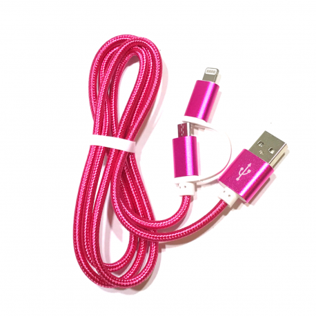 2 in 1 USB Ladekabel zu Micro-USB und Apple Lightning 100 cm in Pink