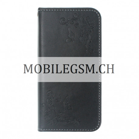 Schutzhülle, Etui für iPhone X Flower Sewing with Thread PU Leather TPU With Stand Card Holder Left And Right Open in Schwarz