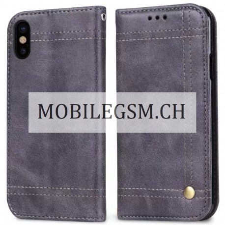 Schutzhülle, Etui für iPhone X Retro oil skim pull card with frame leather Protective Case in Grau