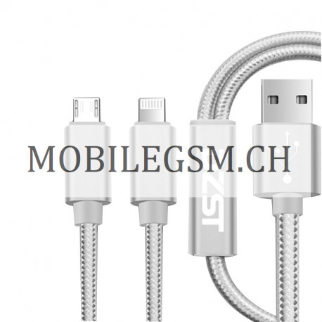 1.2M 2 in 1 Micro Lightning Aluminum Nylon USB Data Cable in Silber