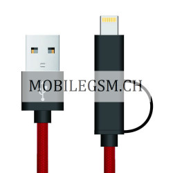 1M 2 in 1 Micro Lightning USB Kabel in Rot/Schwarz