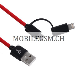 1M 2 in 1 Micro Lightning USB Kabel in Rot/Schwarz