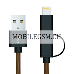1M 2 in 1 Micro Lightning USB Kabel in Braun/Schwarz
