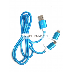 2 in 1 USB Ladekabel zu Micro-USB und Apple Lightning 100 cm in Blau